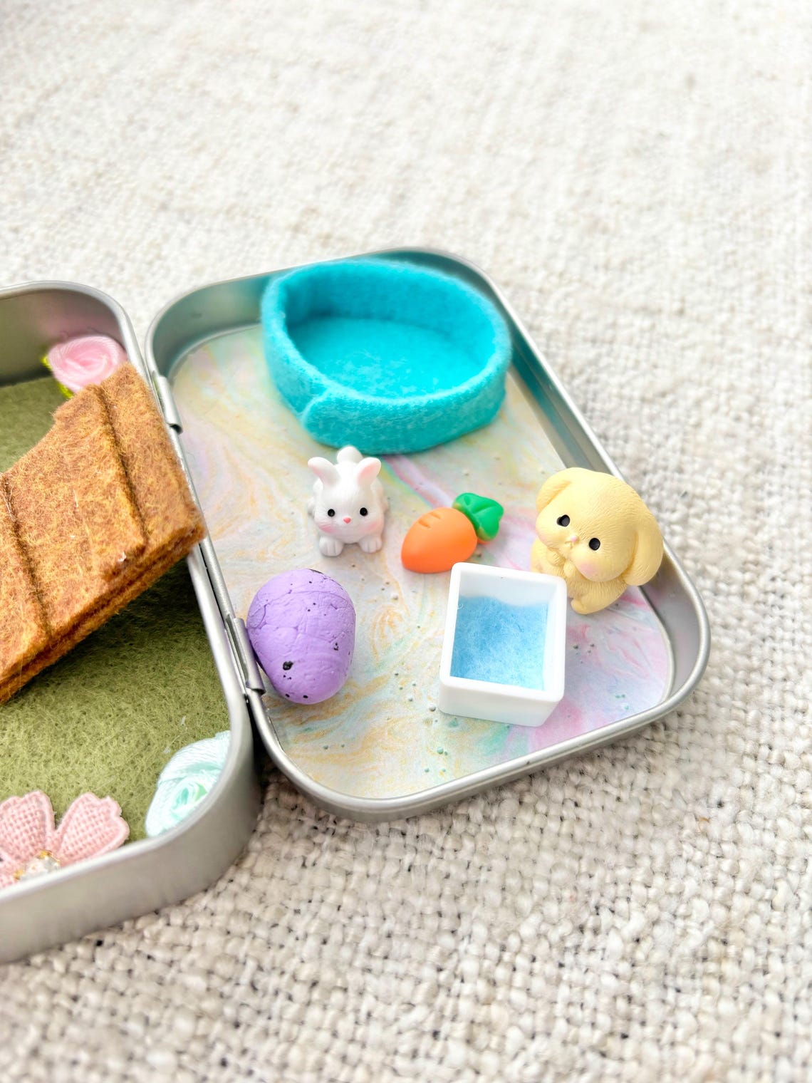 Miniature Bunny Pocket Pet Playset In A Tin Case Travel Toy for Kids Easter Basket Stuffer