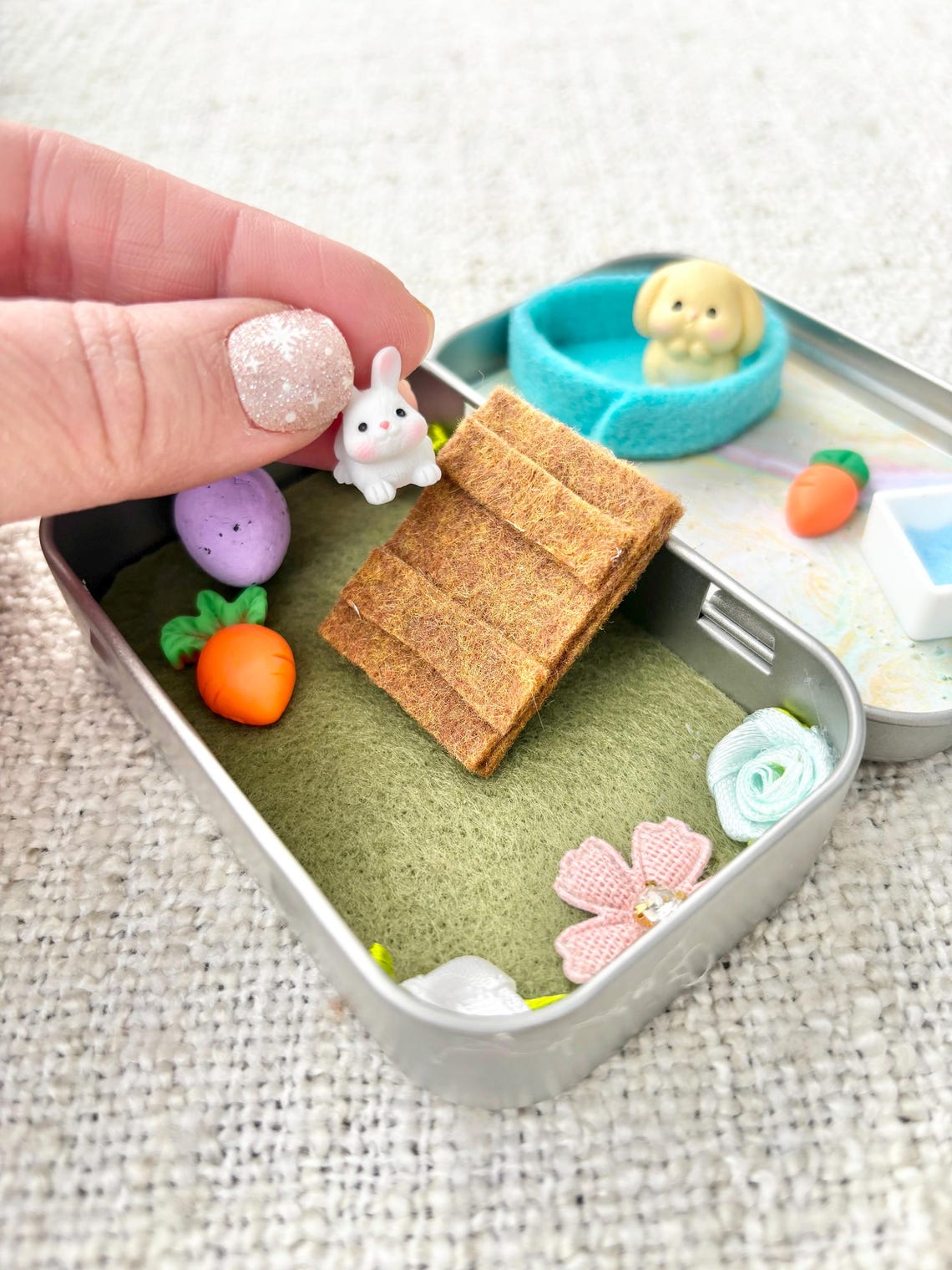 Miniature Bunny Pocket Pet Playset In A Tin Case Travel Toy for Kids Easter Basket Stuffer
