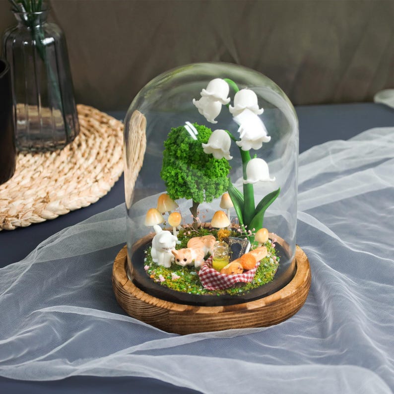 Lily of the Valley Mushroom Lamp with Custom Pet Figurine Christmas Gift For Pet Lovers Unique Home Decor