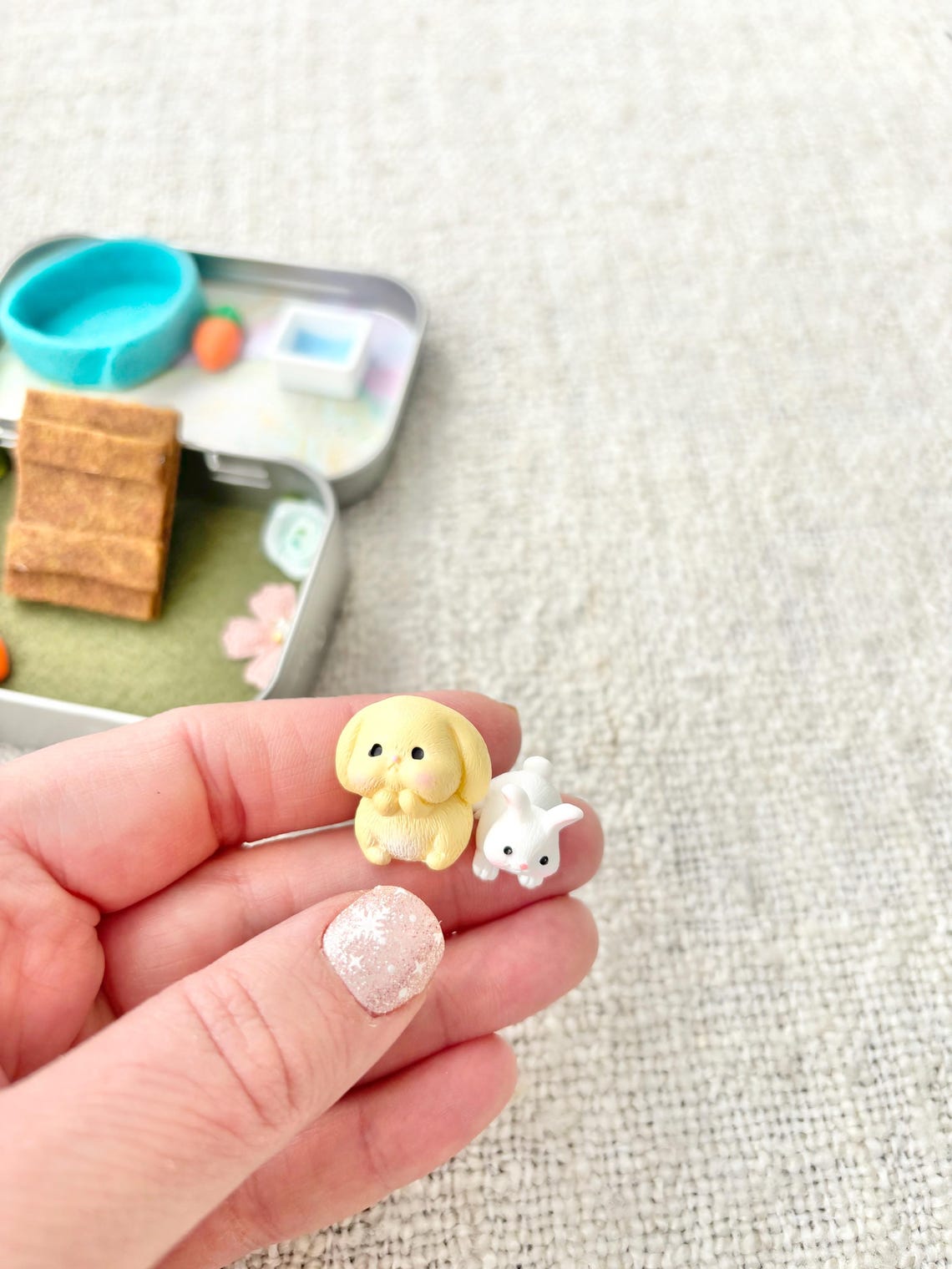 Miniature Bunny Pocket Pet Playset In A Tin Case Travel Toy for Kids Easter Basket Stuffer