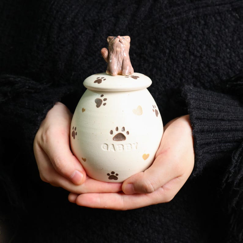 Custom Pet Memorial Urn – Handmade Ceramic Dog/Cat Urn for Ashes with Pet figurine and Name Pet Loss Gift