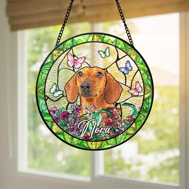 Custom Pet Portrait Stained Glass Suncatcher – Dog or Cat Memorial Gift