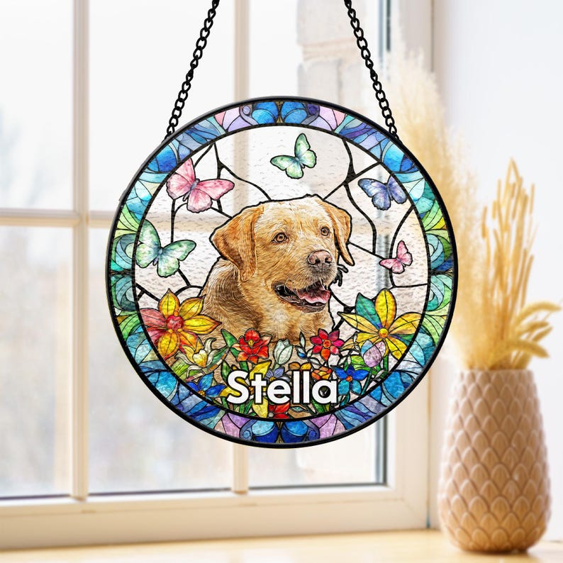 Custom Pet Portrait Stained Glass Suncatcher – Dog or Cat Memorial Gift