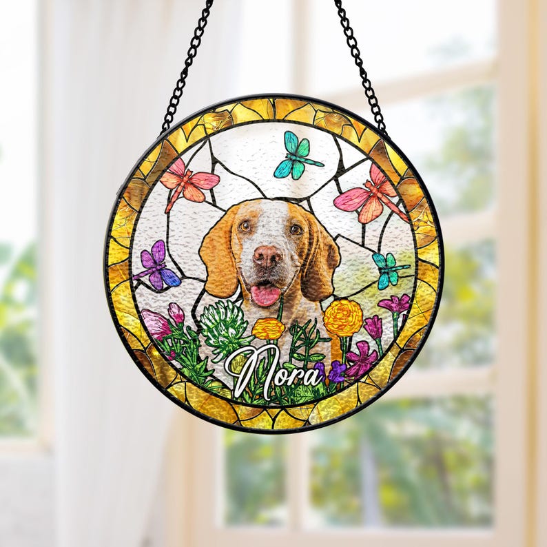 Custom Pet Portrait Stained Glass Suncatcher – Dog or Cat Memorial Gift