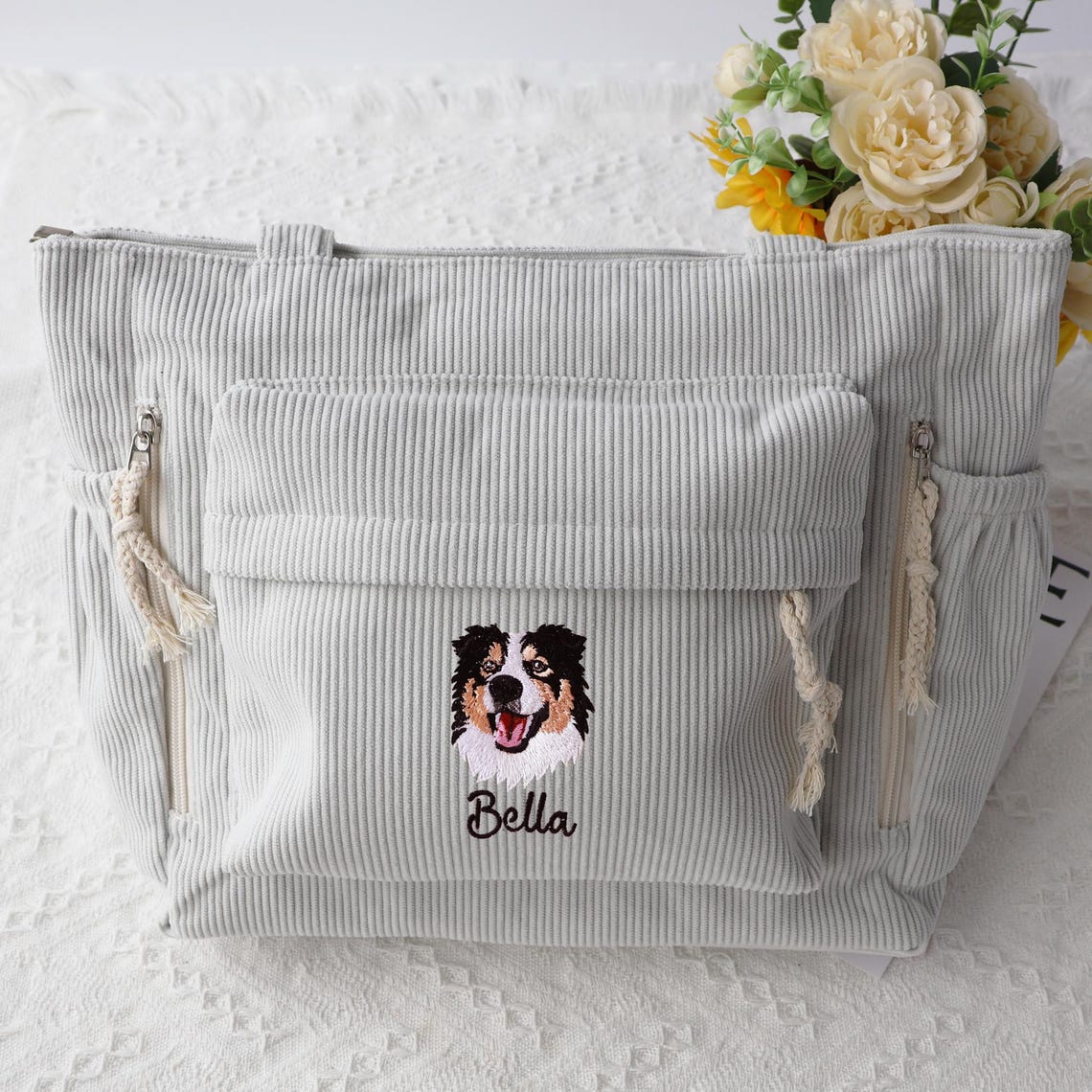 Sac fourre-tout personnalisé avec portrait d'animal brodé – Sac en velours côtelé personnalisé pour les amoureux des chiens et des chats, cadeau de Noël pour maman d'animaux