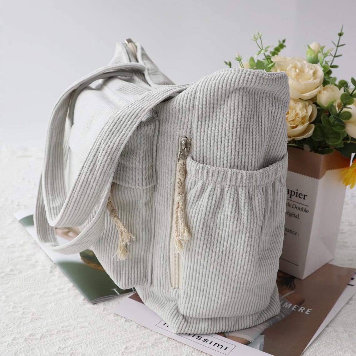 Sac fourre-tout personnalisé avec portrait d'animal brodé – Sac en velours côtelé personnalisé pour les amoureux des chiens et des chats, cadeau de Noël pour maman d'animaux