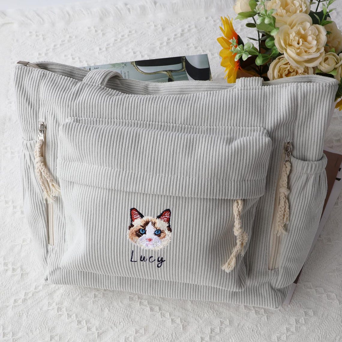 Sac fourre-tout personnalisé avec portrait d'animal brodé – Sac en velours côtelé personnalisé pour les amoureux des chiens et des chats, cadeau de Noël pour maman d'animaux