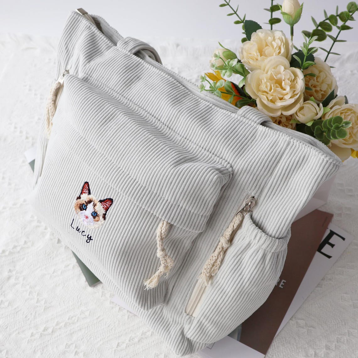 Sac fourre-tout personnalisé avec portrait d'animal brodé – Sac en velours côtelé personnalisé pour les amoureux des chiens et des chats, cadeau de Noël pour maman d'animaux