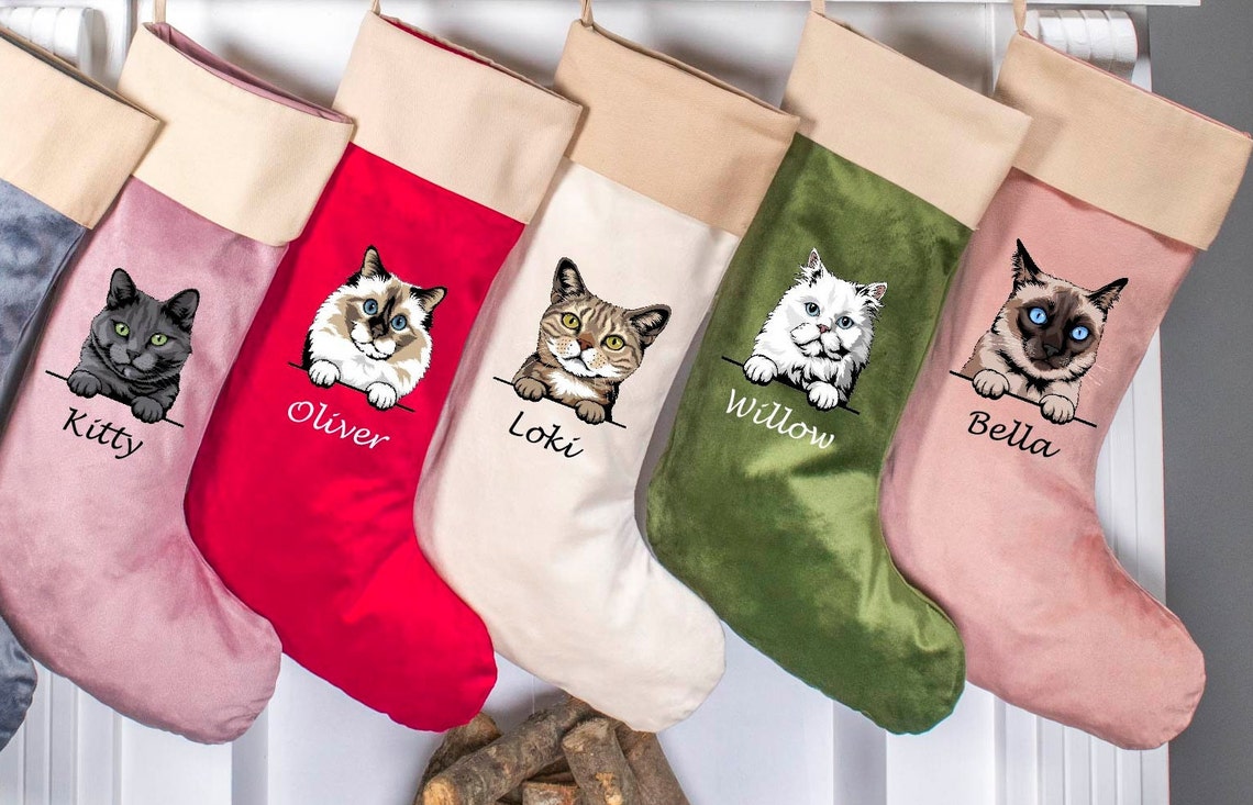 Personalized Embroidered Pet Cat Christmas Stocking with Name Gifts for Cat Owners Christmas Gift for Pet Lovers