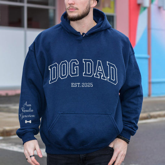 Personalized Dog Dad Hoodie with Embroidered Pet Names on Sleeve Father's Day Christmas Gift For Dog Owners