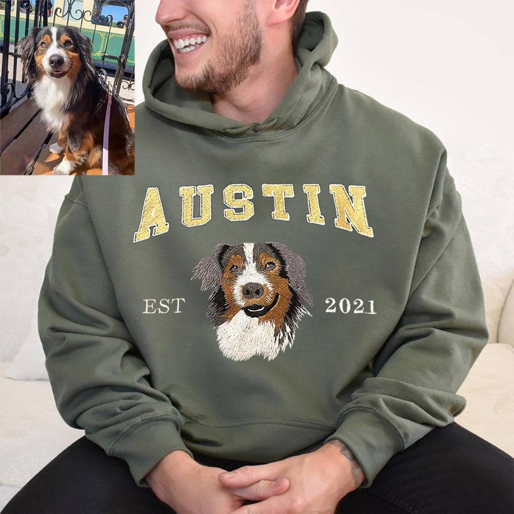 Cara de mascota bordada personalizada y nombre de mascota sudadera retrato de perro bordado cuello redondo regalo amante de las mascotas
