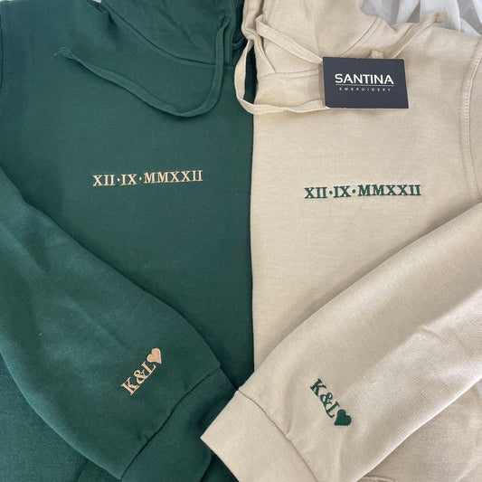 Personalized Embroidered Roman Numeral Matching Hoodie Sweatshirt Valentines Day Couple Gifts