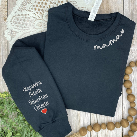 Personalized Mama Neckline Embroidered Sweatshirt with Custom Kids Name and Heart on Sleeve Gift For Mom Nana