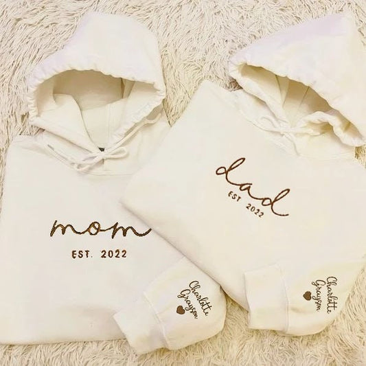 Custom Embroidered Mom Chest Hoodie with Date and Kids Names Mother's Day Gift for Mom Grandma