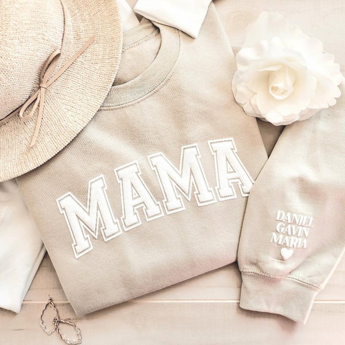 Personalized Mama Keepsake Sweatshirt with Puff Lettering and Kid Names on Sleeve Mother's Day Gift