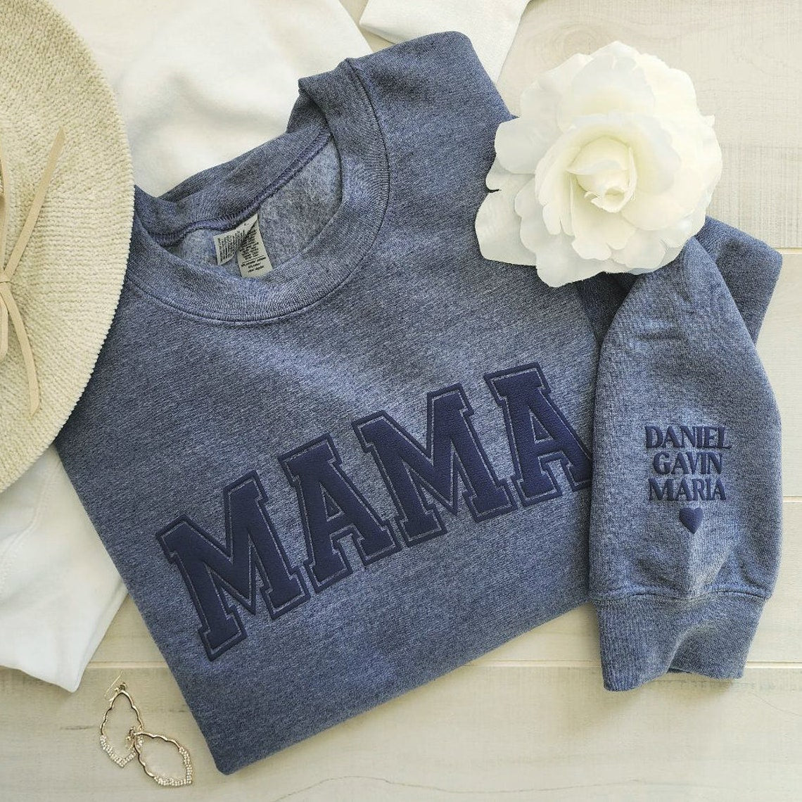 Personalized Mama Keepsake Sweatshirt with Puff Lettering and Kid Names on Sleeve Mother's Day Gift