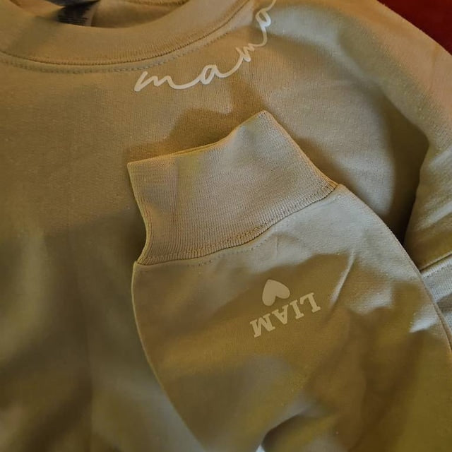 Sudadera de vinilo con escote abullonado para mamá personalizada con los nombres de los niños en la manga, regalo para el Día de la Madre