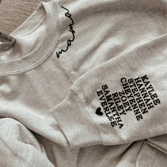 Sudadera de vinilo con escote abullonado para mamá personalizada con los nombres de los niños en la manga, regalo para el Día de la Madre