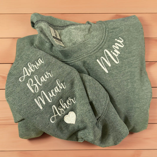 Personalized Embroidered Mimi Sweatshirt with Custom Name and Heart On The Sleeve for Mother's Day