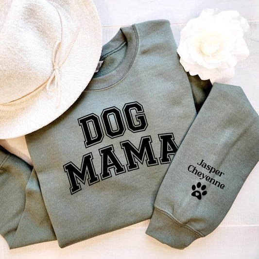 Personalized Dog Mama Sweatshirt with Pet Names on Sleeve