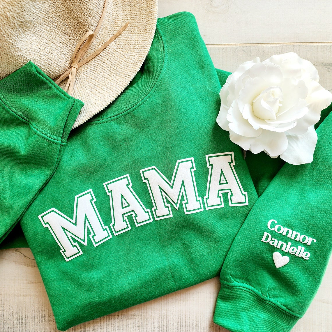 Personalized Mama Keepsake Sweatshirt with Puff Lettering and Kid Names on Sleeve Mother's Day Gift