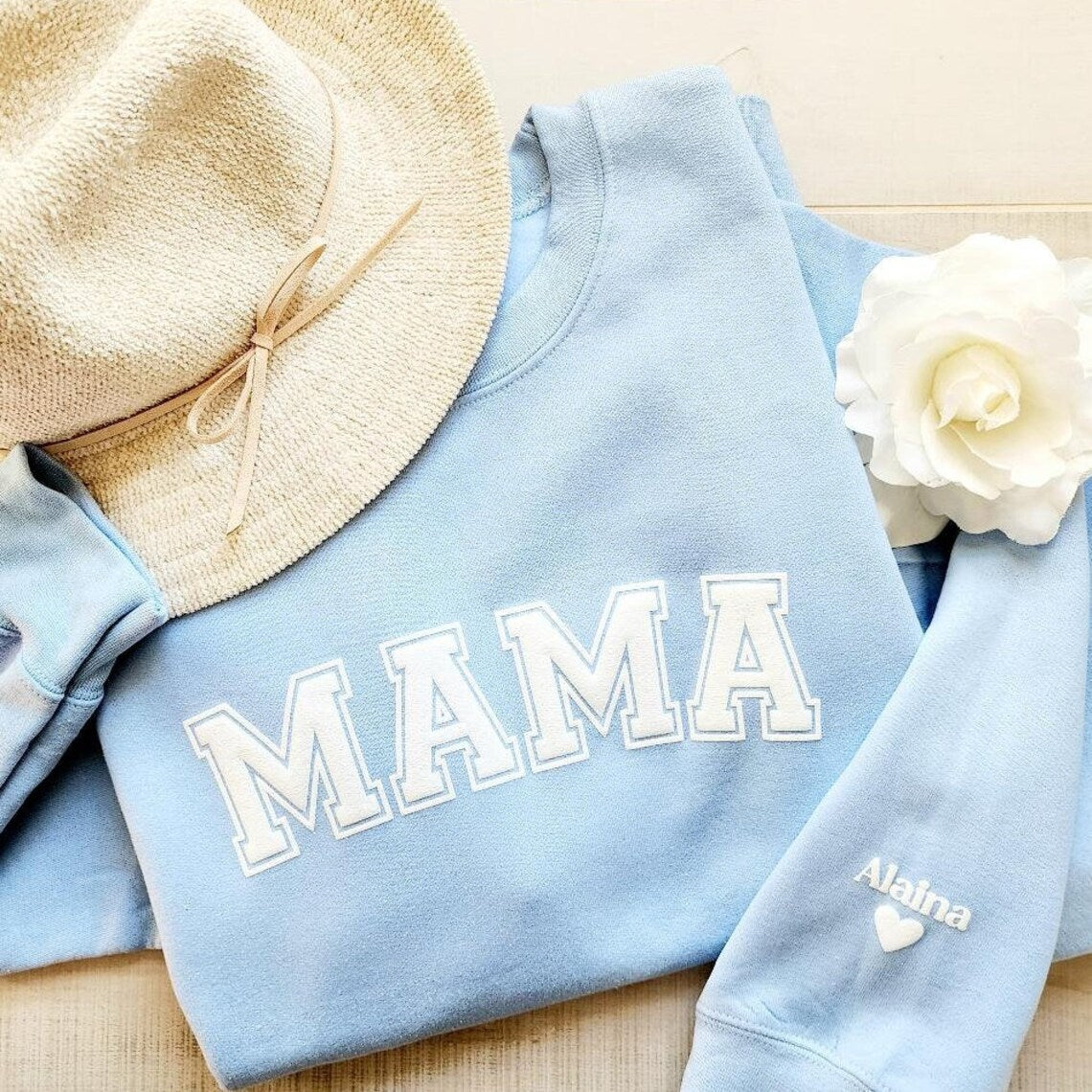 Personalized Mama Keepsake Sweatshirt with Puff Lettering and Kid Names on Sleeve Mother's Day Gift