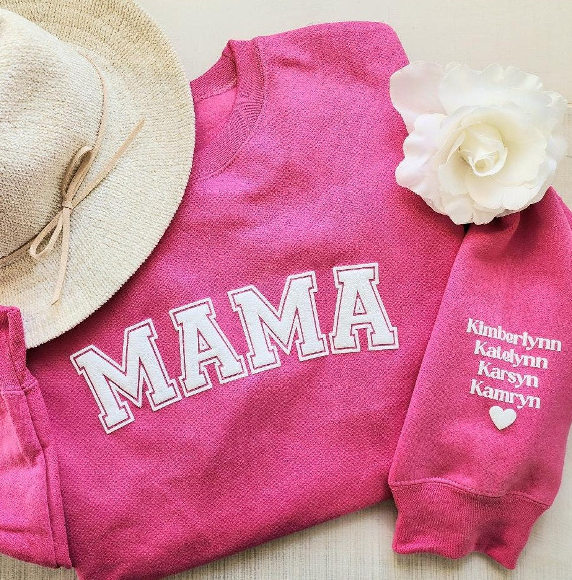 Personalized Mama Keepsake Sweatshirt with Puff Lettering and Kid Names on Sleeve Mother's Day Gift
