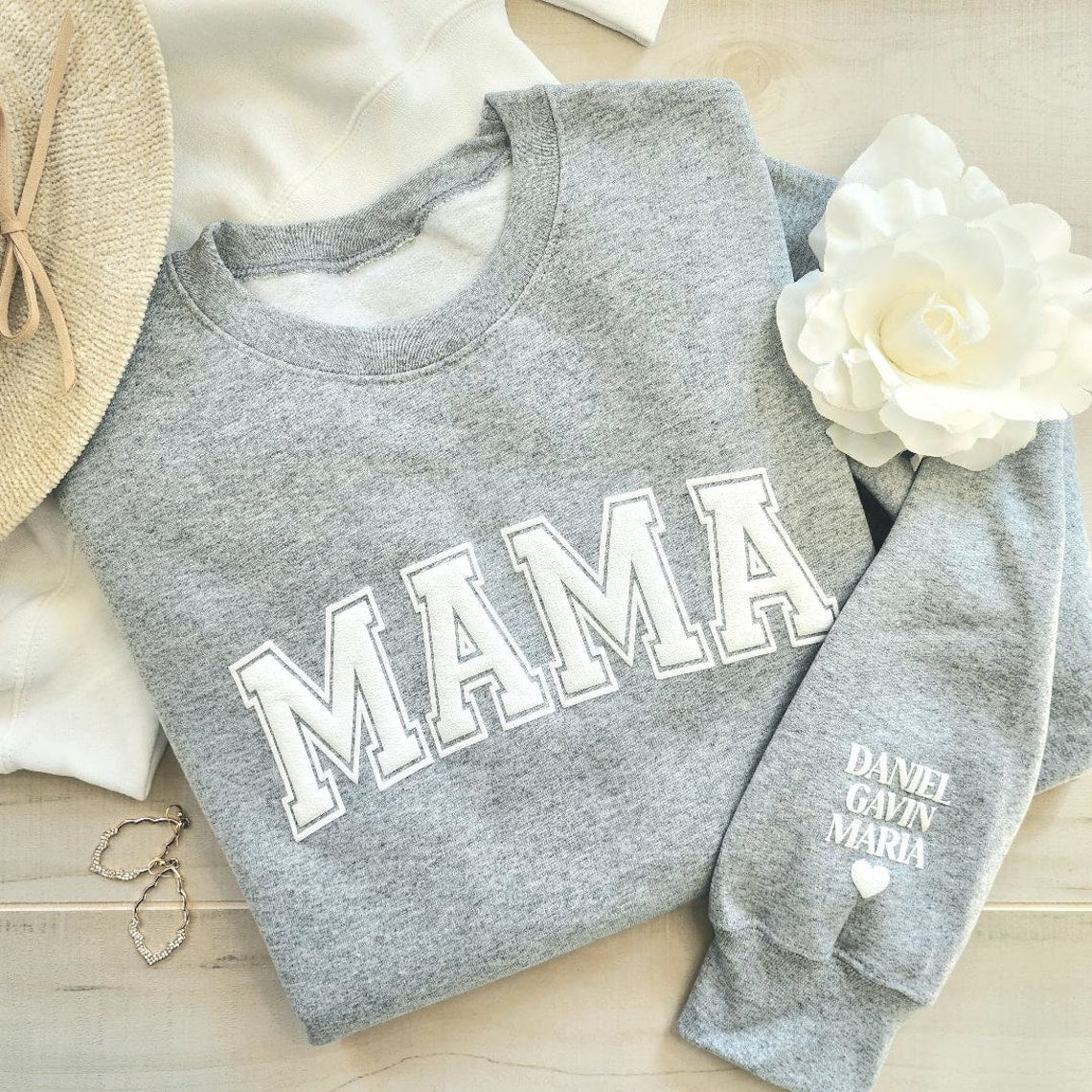 Personalized Mama Keepsake Sweatshirt with Puff Lettering and Kid Names on Sleeve Mother's Day Gift