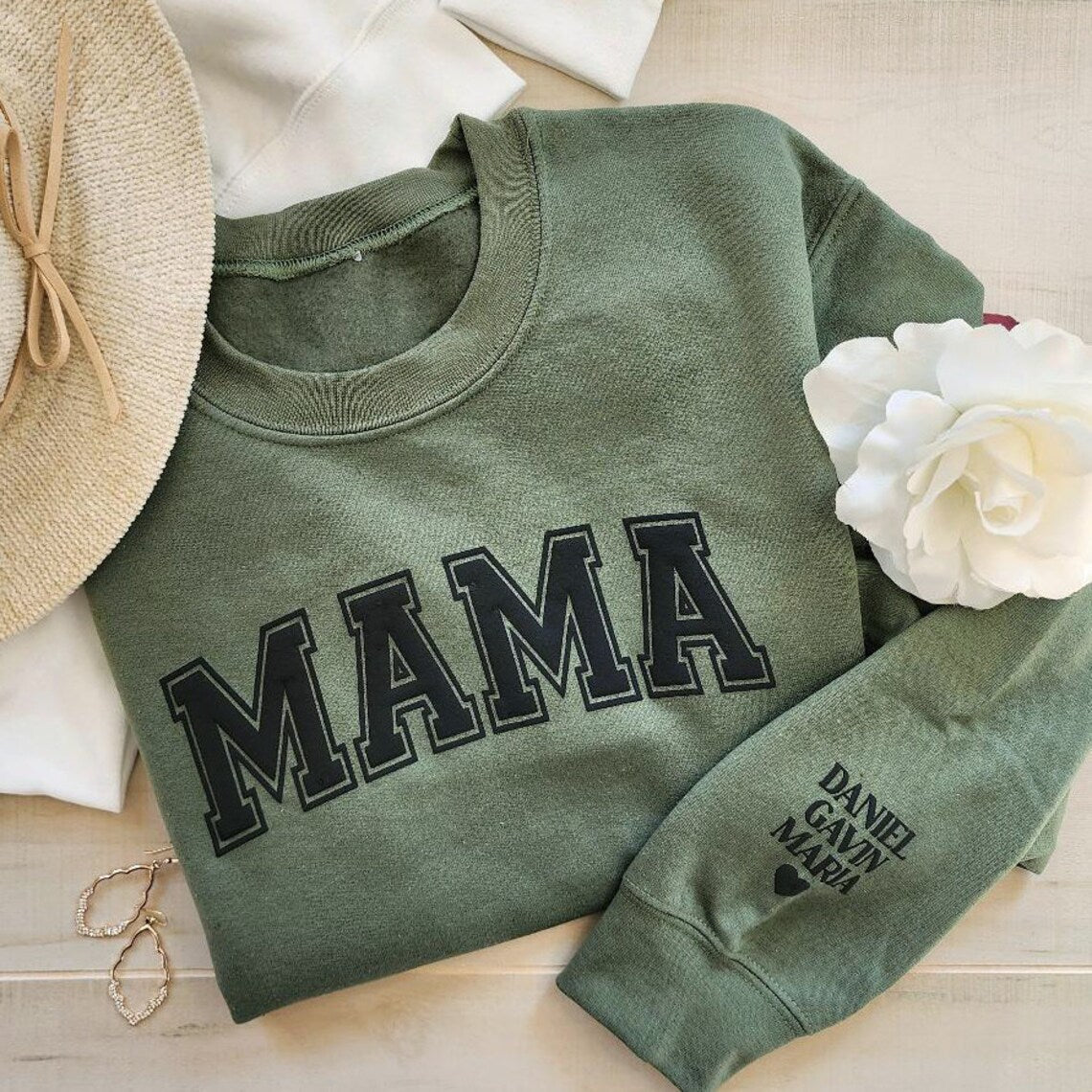 Personalized Mama Keepsake Sweatshirt with Puff Lettering and Kid Names on Sleeve Mother's Day Gift
