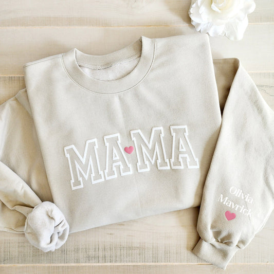Personalized Mama Keepsake Sweatshirt with Pink Heart Puff Lettering Custom Kid Names Mother's Day Gift
