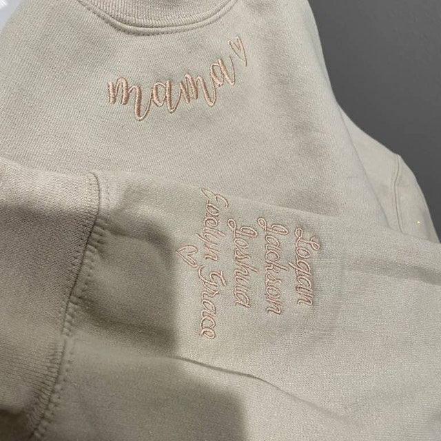 Custom Embroidered Mama Sweatshirt with Kids Names on Sleeve Mothers Day Gift for Mom