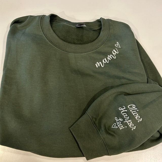 Custom Embroidered Mama Sweatshirt with Kids Names on Sleeve Mothers Day Gift for Mom
