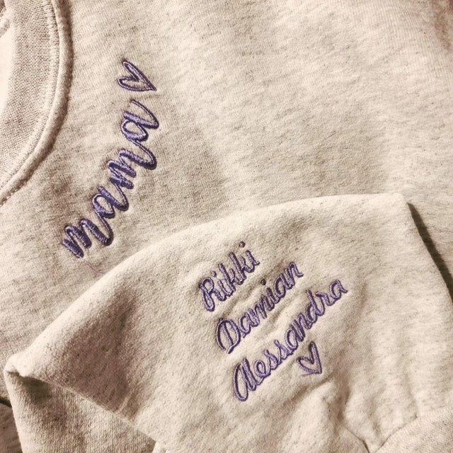 Custom Embroidered Mama Sweatshirt with Kids Names on Sleeve Mothers Day Gift for Mom