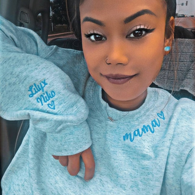 Custom Embroidered Mama Sweatshirt with Kids Names on Sleeve Mothers Day Gift for Mom