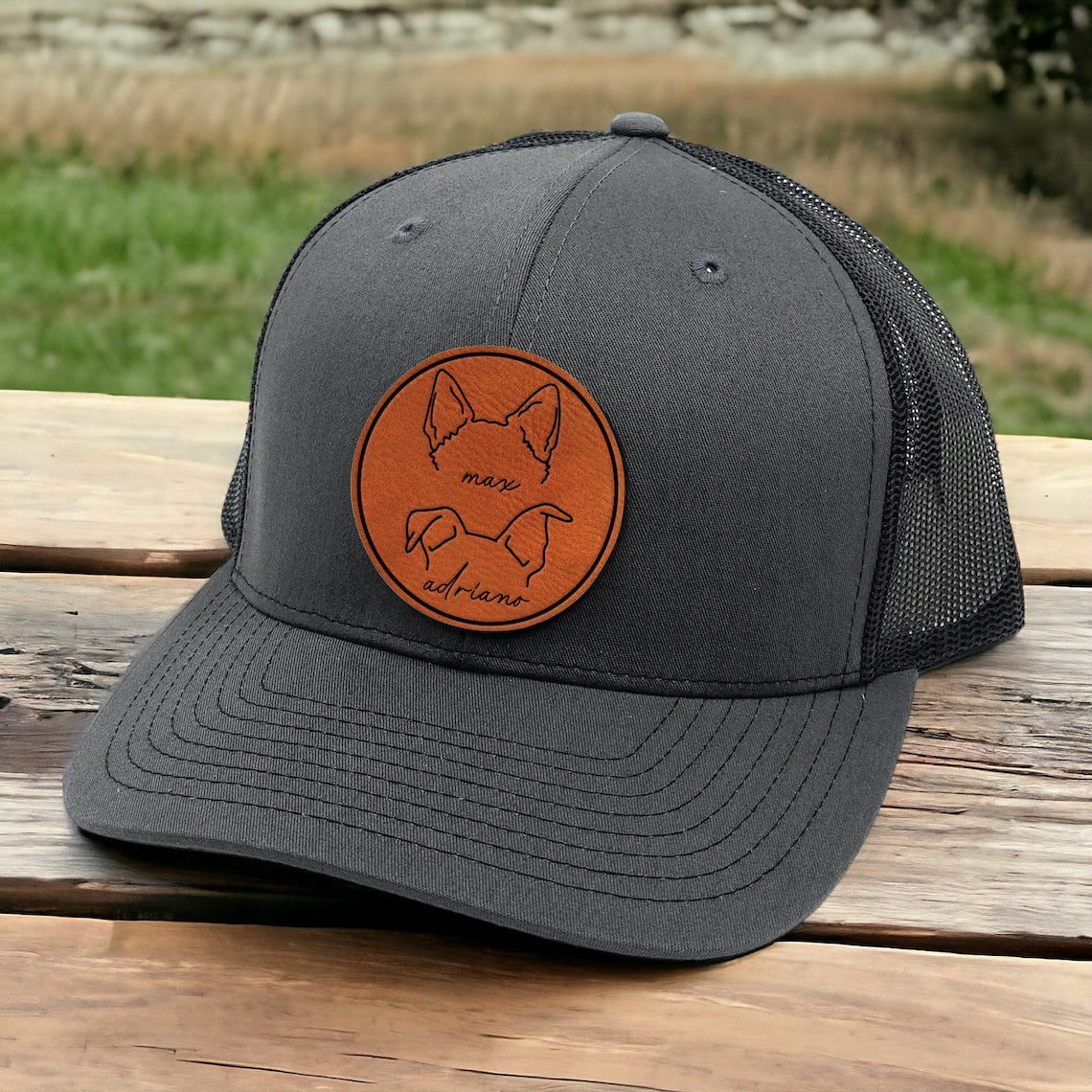 Custom Pet Ears Line Art Leather Patch Trucker Hat with Name Keepsake Gift For Pet Lovers