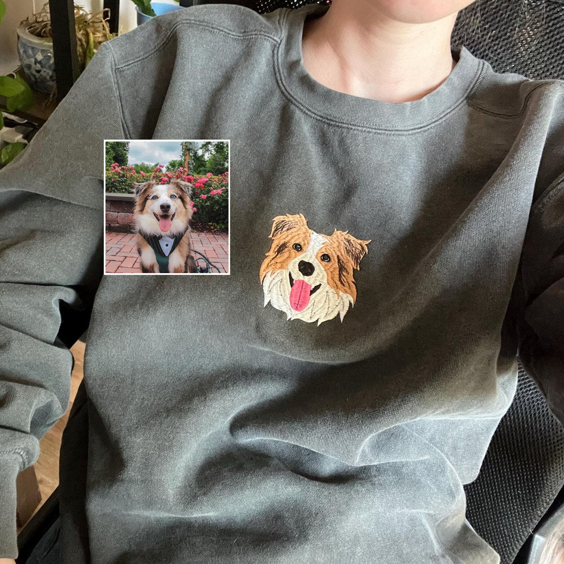 Embroidered Cat Photo Portrait Sweatshirt Custom Cat Names on Sleeve Gift for Cat Owner Pet Lovers