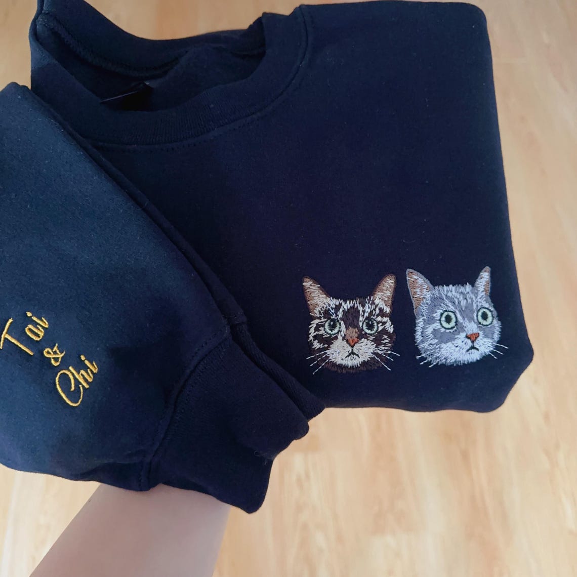 Embroidered Cat Photo Portrait Sweatshirt Custom Cat Names on Sleeve Gift for Cat Owner Pet Lovers