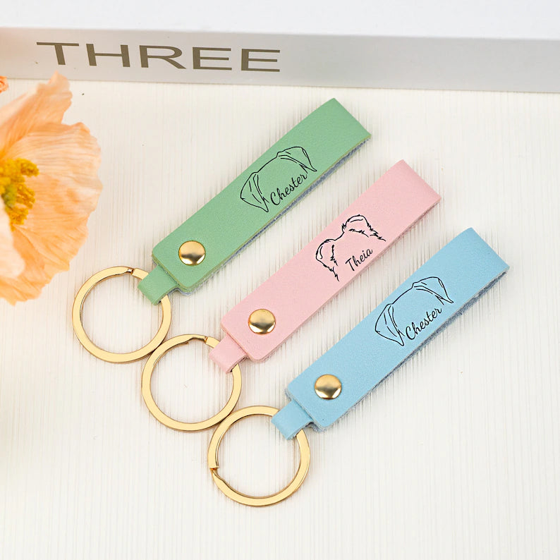 Custom Leather Pet Keychain with Dog Ear & Name – Personalized Gift for Dog Lover