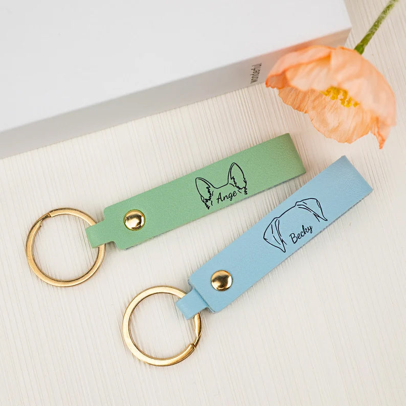 Custom Leather Pet Keychain with Dog Ear & Name – Personalized Gift for Dog Lover