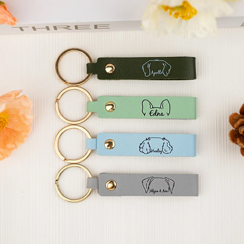 Custom Leather Pet Keychain with Dog Ear & Name – Personalized Gift for Dog Lover