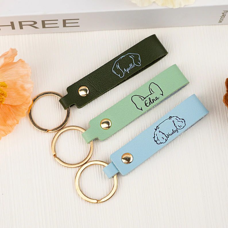 Custom Leather Pet Keychain with Dog Ear & Name – Personalized Gift for Dog Lover