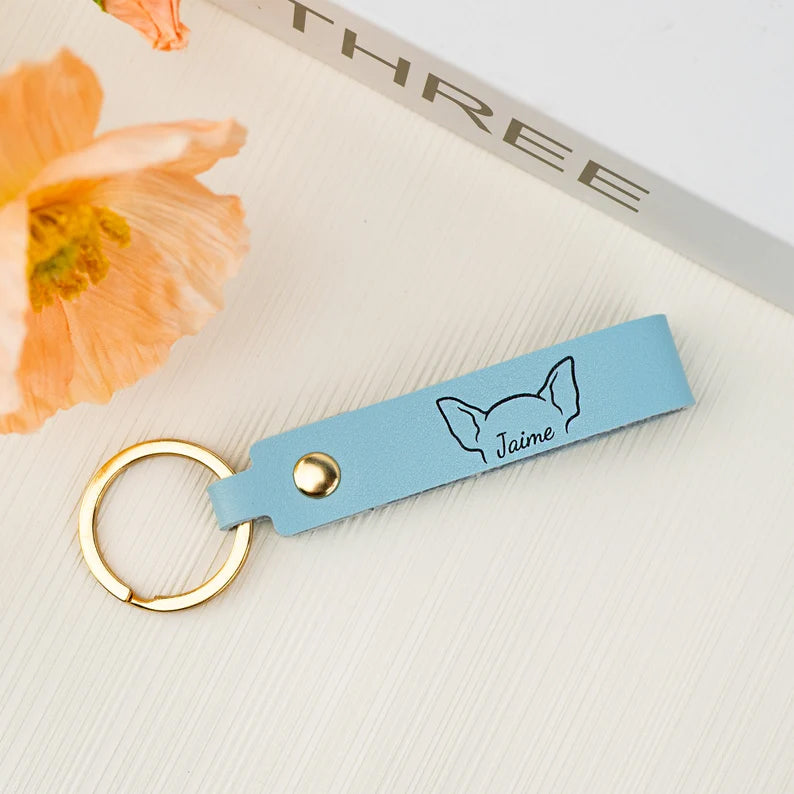 Custom Leather Pet Keychain with Dog Ear & Name – Personalized Gift for Dog Lover