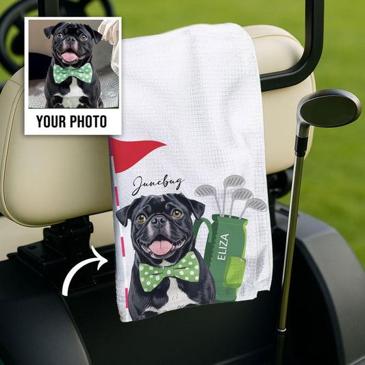 Personalisiertes Golfhandtuch für Haustiere mit Foto und Namen | Individuelles Golfhandtuch für Hunde und Katzen | Geschenke für Tierliebhaber und Golfer
