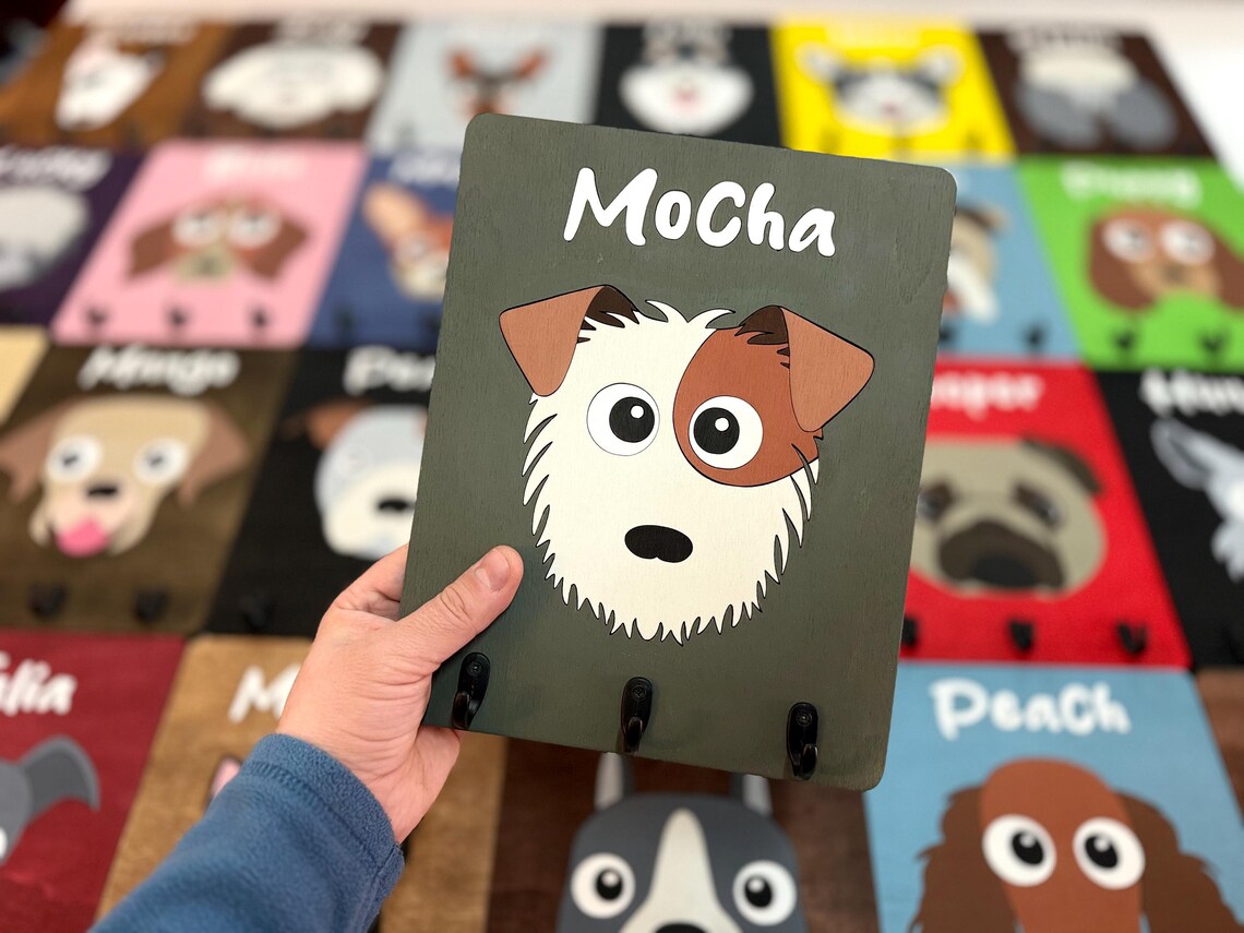 Custom Pet Portrait Leash Holder with Name for Wall Personalized Pet Leash Rack & Key Hook Unique Gift for Pet Lovers