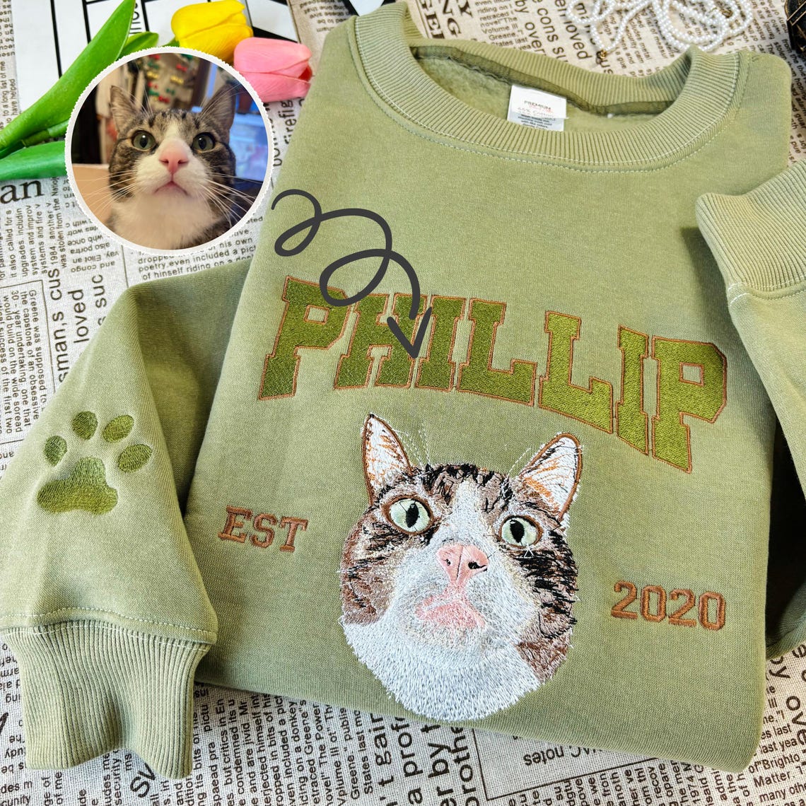 Cara de mascota bordada personalizada y nombre de mascota sudadera retrato de perro bordado cuello redondo regalo amante de las mascotas