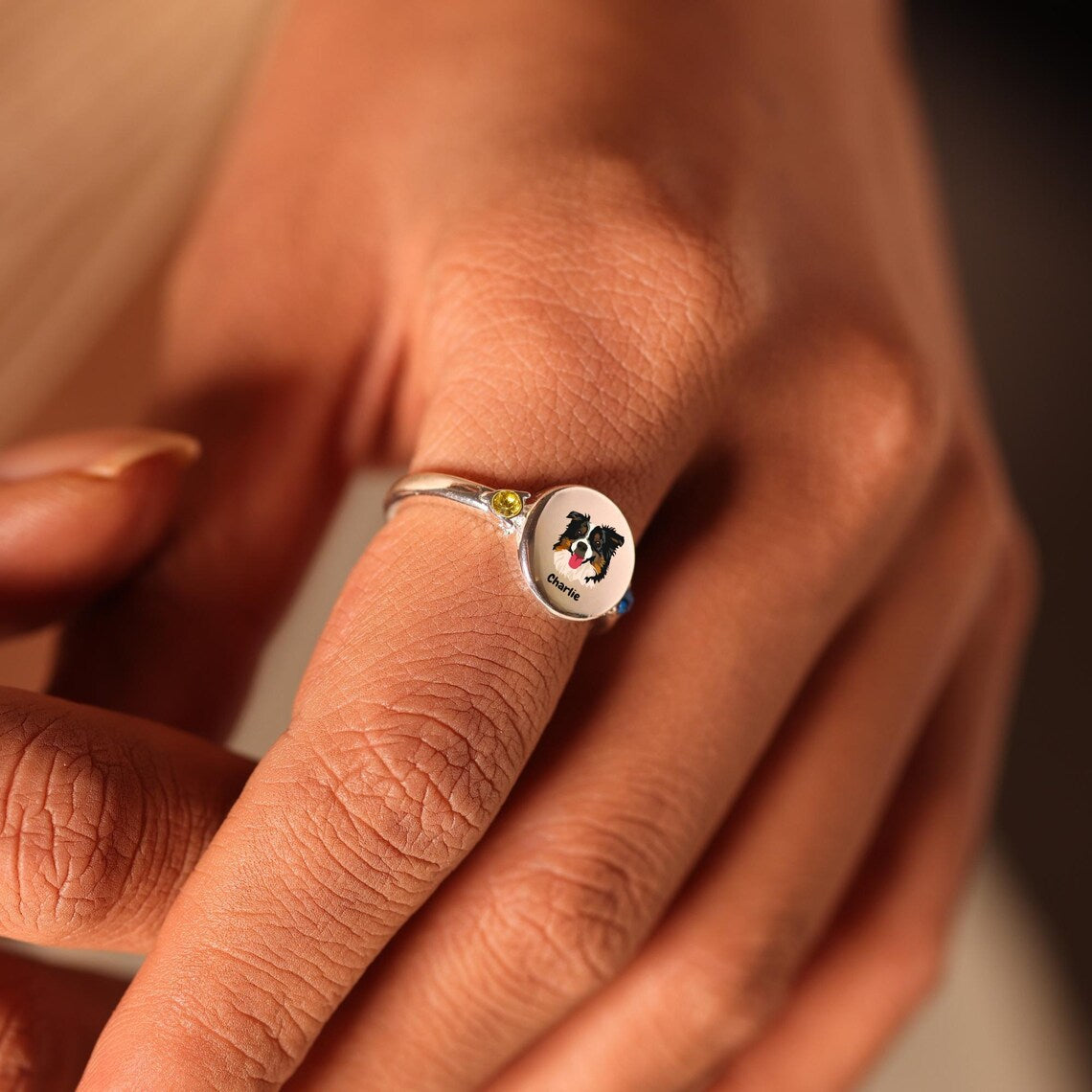 Custom Pet Portrait Photo Ring with Birthstone Dog Cat Memorial Jewelry Gift For Pet Lover