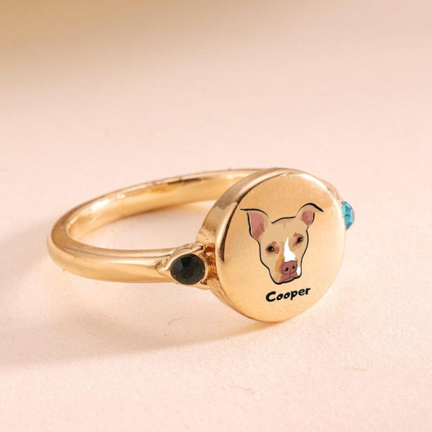 Custom Pet Portrait Photo Ring with Birthstone Dog Cat Memorial Jewelry Gift For Pet Lover