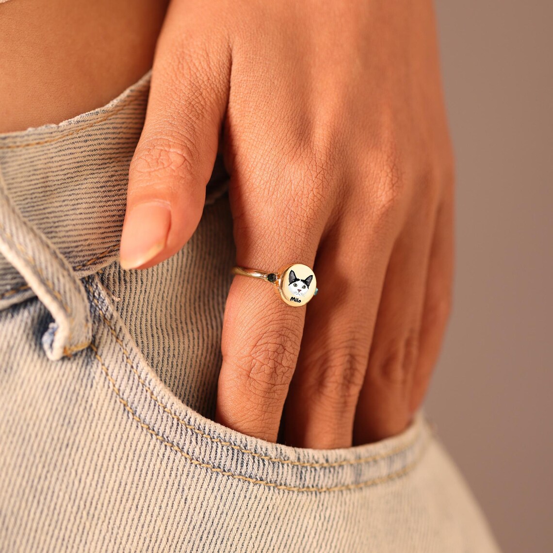 Custom Pet Portrait Photo Ring with Birthstone Dog Cat Memorial Jewelry Gift For Pet Lover