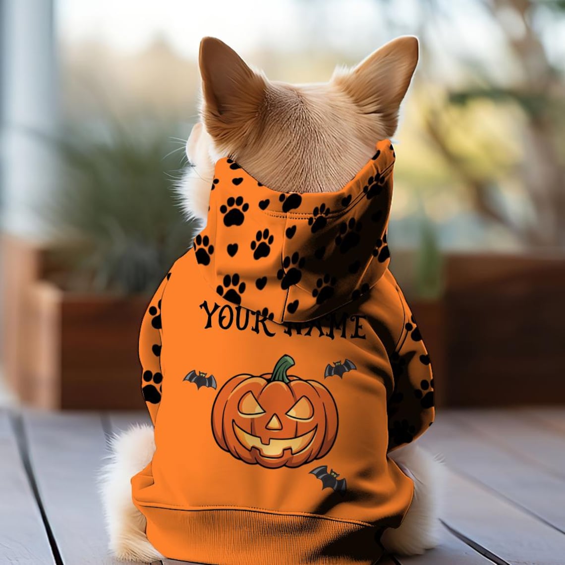 Personalized Halloween Dog Hoodie – Custom Pet Name, Ghost & Pumpkin Design, Cute Fall Costume with Paw Print