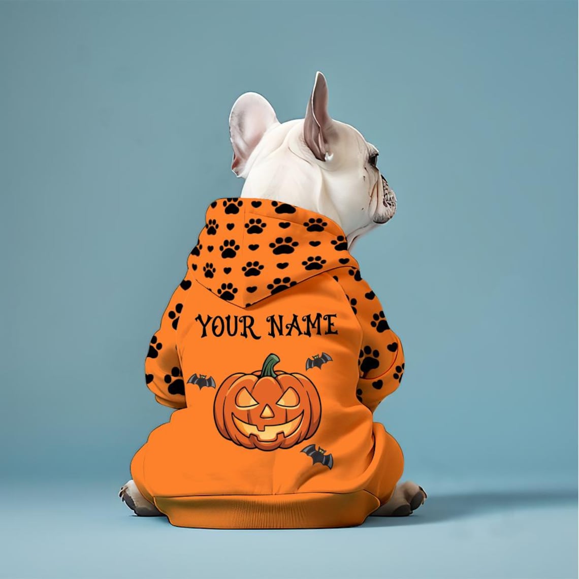 Personalized Halloween Dog Hoodie – Custom Pet Name, Ghost & Pumpkin Design, Cute Fall Costume with Paw Print